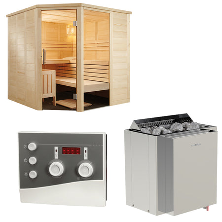 Sentiotec Sauna Set Alaska Corner mit Saunaofen Viking Combi und Steuerung K3-Next | klimaworld.com