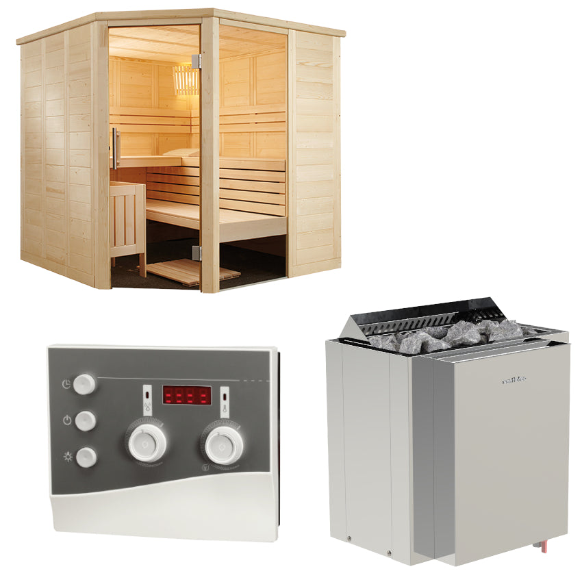 Sentiotec Sauna Set Alaska Corner mit Saunaofen Viking Combi und Steuerung K3-Next | klimaworld.com