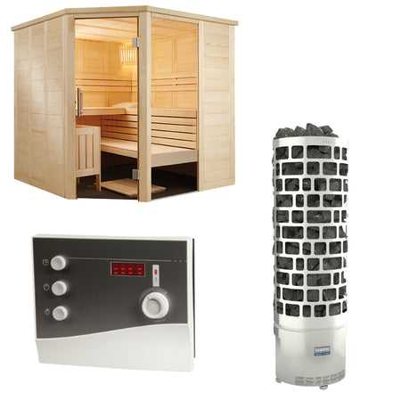Sentiotec Sauna Set Alaska Corner mit Saunaofen ARI und Steuerung K2-Next | klimaworld.com