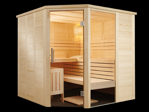 Sentiotec Sauna Set Alaska Corner mit Saunaofen Viking Combi und Steuerung K3-Next | klimaworld.com