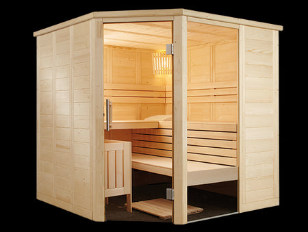 Sentiotec Sauna Set Alaska Corner mit Saunaofen Viking Combi und Steuerung K3-Next | klimaworld.com