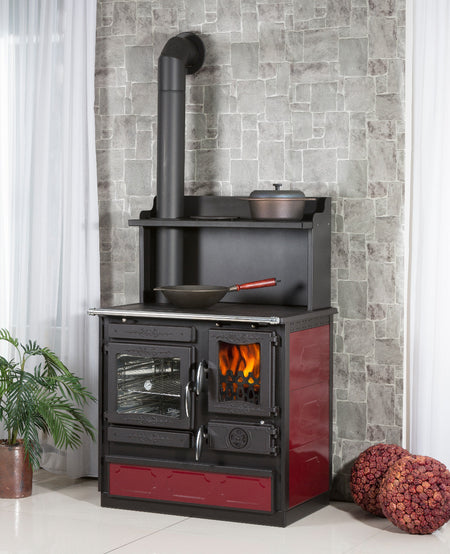 Globefire Alhena Küchenofen Bordeaux Beispiel mit Aufsatz