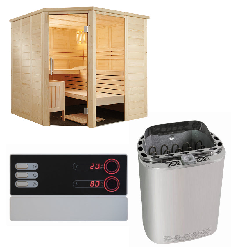 Sentiotec Sauna Set Alaska Corner mit Saunaofen Scandia Combi Next und Saunasteuerung Pro B3 | klimaworld.com