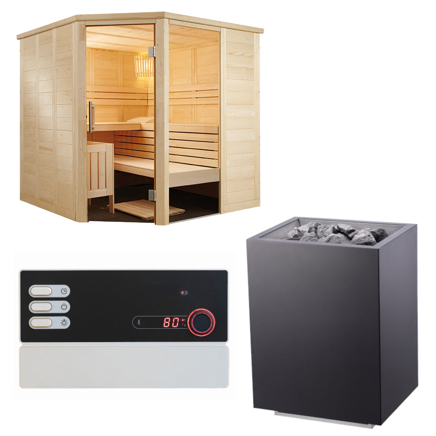 Sentiotec Sauna Set Alaska Corner mit Saunaofen Home FIN und Saunasteuerung Pro B2 | klimaworld.com