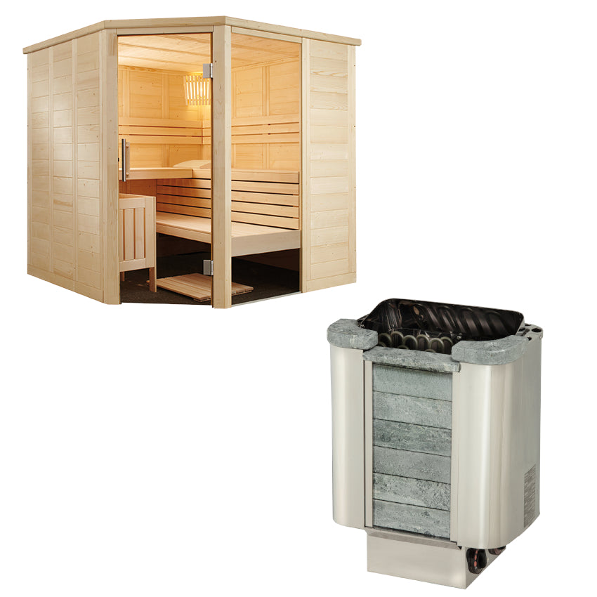 Sentiotec Sauna Set Alaska Corner inkl. Saunaofen Cumulus inkl. Steuerung | klimaworld.com