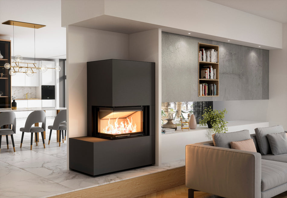 Hajduk Kaminbausatz Brilliant Corner Wide| 6,5 kW| Anthrazit| Ambientebild| Klimaworld.com
