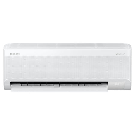 Samsung Wandgeraet AR60F12C1AWNEU in Weiss mit geoeffnetem Luftauslass unten und LED-Display rechts unten | Klimaworld.com
