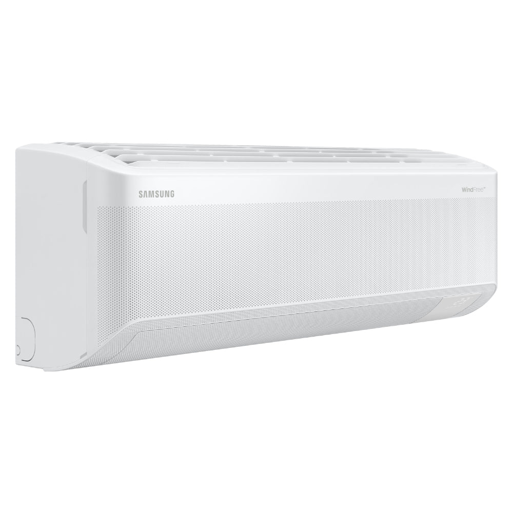 Samsung Wandgeraet AR60F09C1AWNEU in Weiss, seitliche Ansicht mit gelochter Front und oberem Luftauslass | Klimaworld.com