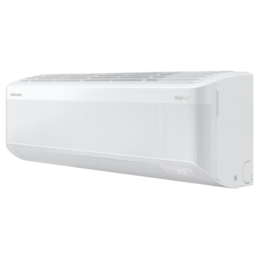 Samsung Wandgeraet AR60F12C1AWNEU in Weiss, seitliche Ansicht rechts mit gelochter Front und LED-Display unten | Klimaworld.com