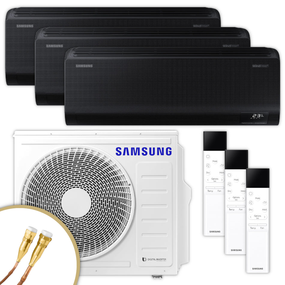Samsung Klimaanlagen-Set mit 3 schwarzen Wandgeraeten WindFree Avant AR70F09C1ABNEU, NASA Aussengeraet, 3 Fernbedienungen und Quick-Connect Anschluss | Klimaworld.com