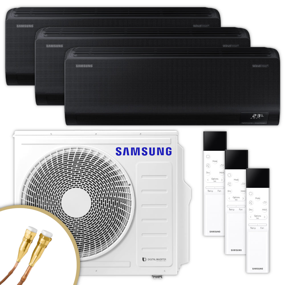 Samsung Klimaanlagen-Set mit drei schwarzen Wandgeraeten WindFree Avan, NASA Aussengeraet, 3 Fernbedienungen | Klimaworld.com