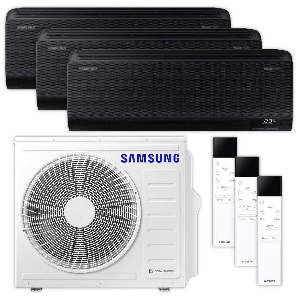 Samsung Klimaanlagen-Set mit drei schwarzen Wandgeraeten WindFree Avan, NASA Aussengeraet, 3 Fernbedienungen | Klimaworld.com