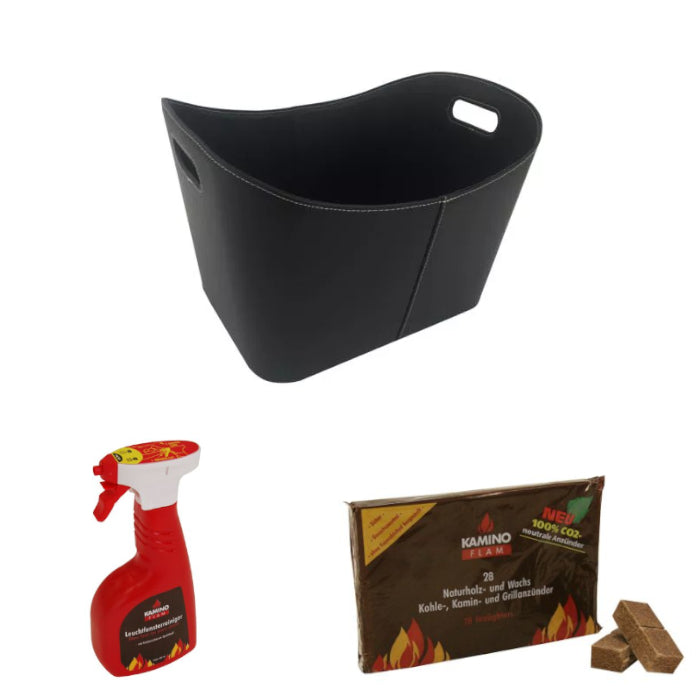 Kaminholzkorb-Set aus Kunstleder| Schwarz| Klimaworld.com