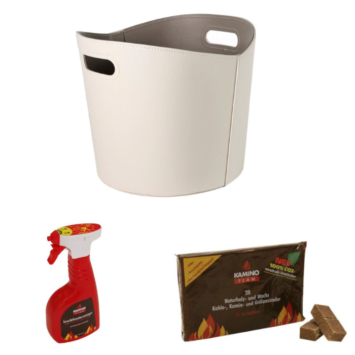 Kaminholzkorb-Set aus Lederimitat| Beige| Klimaworld.com