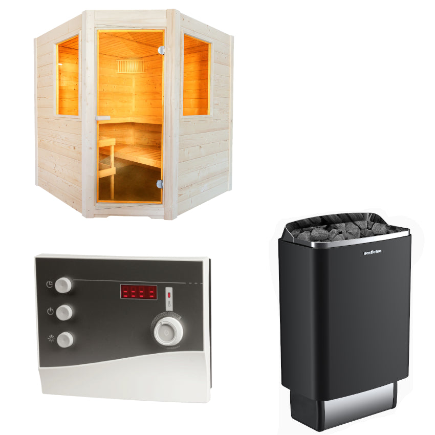 Sentiotec Sauna Set Basic Corner mit Saunaofen 100 E und Steuerung K2-Next | klimaworld.com