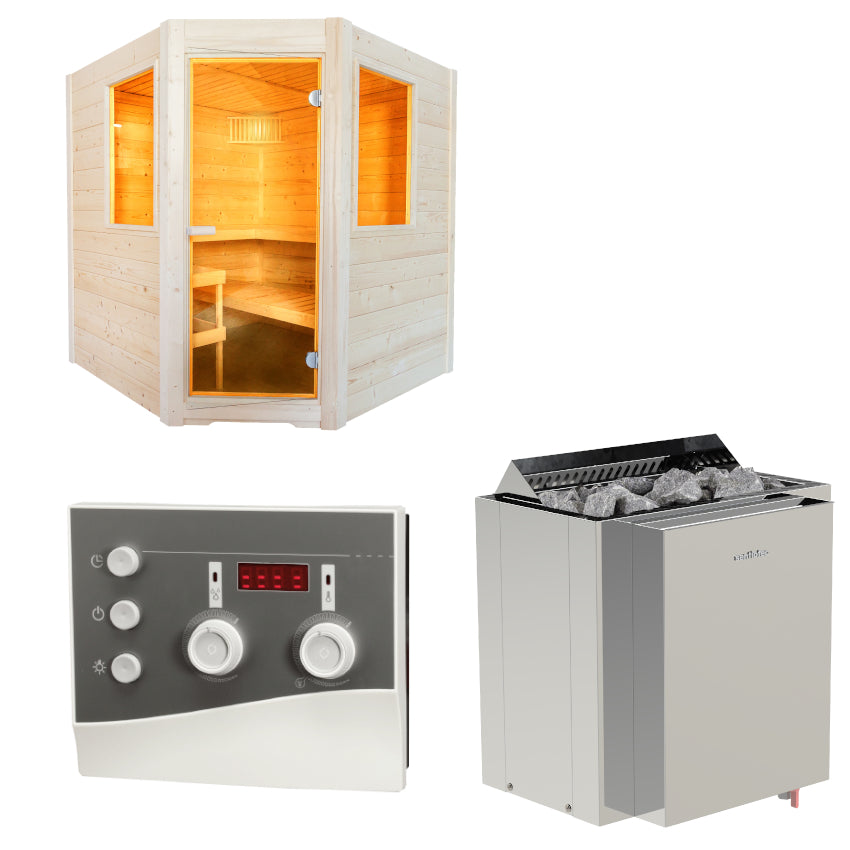 Sentiotec Sauna Set Basic Corner mit Saunaofen Viking Combi und Steuerung K3-Next | klimaworld.com