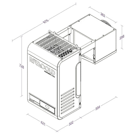Rivacold Huckepack-Aggregat für Kühlzellen, Abmessungen | klimaworld.com