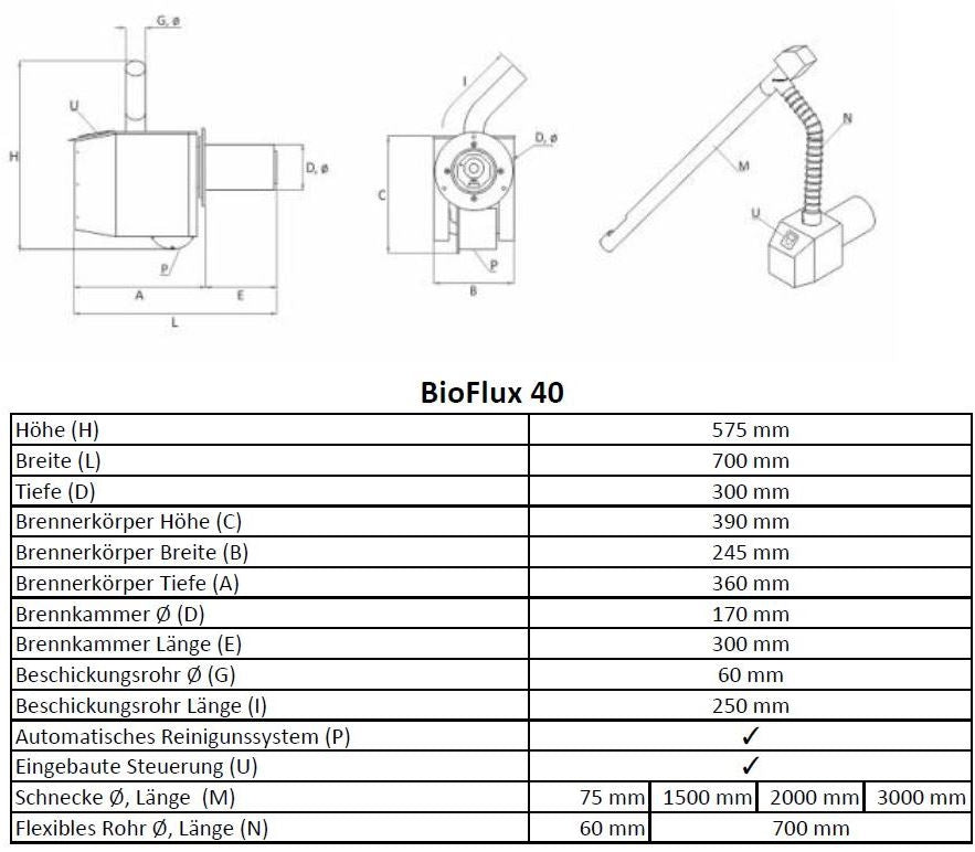 Pelletbrenner BIOFLUX PP-25kW Maßzeichnung