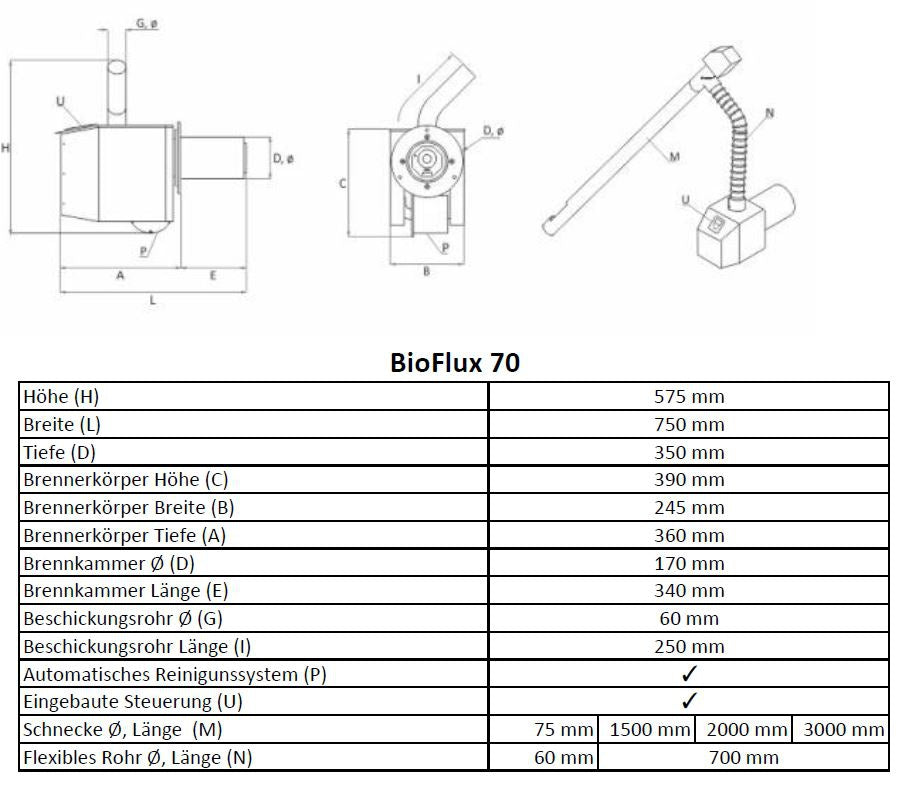 Pelletbrenner BIOFLUX PP-25kW Maßzeichnung