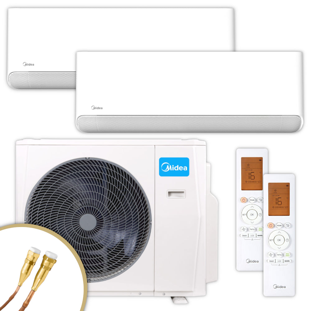 Komplettansicht des weissen MIDEA Multisplit-Klimaanlagen-Sets bestehend aus zwei Wandgeraeten, Aussengeraet und Fernbedienungen mit 16 °C als Beispiel auf dem Display | klimaworld.com