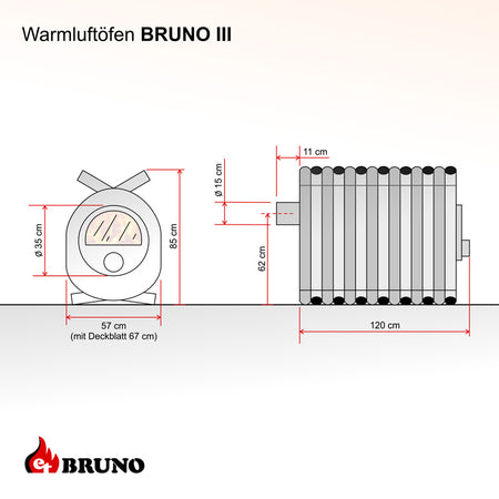 Werkstattofen Luftheizofen BRUNO III mit 2-21 KW nostalgisches Design technische Zeichnung