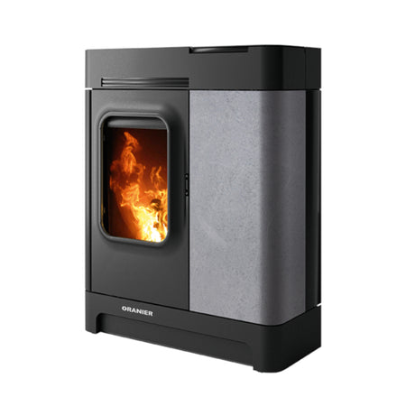 Schwarzer Pelletofen Calimo XL mit Specksteinverkleidung und Flammenbild | klimaworld.com