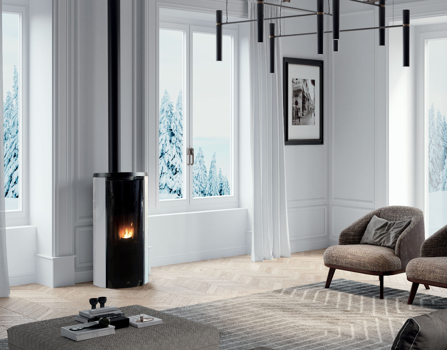 Edilkamin Pelletofen Air TIght C Magic Glas Weiß in Betrieb