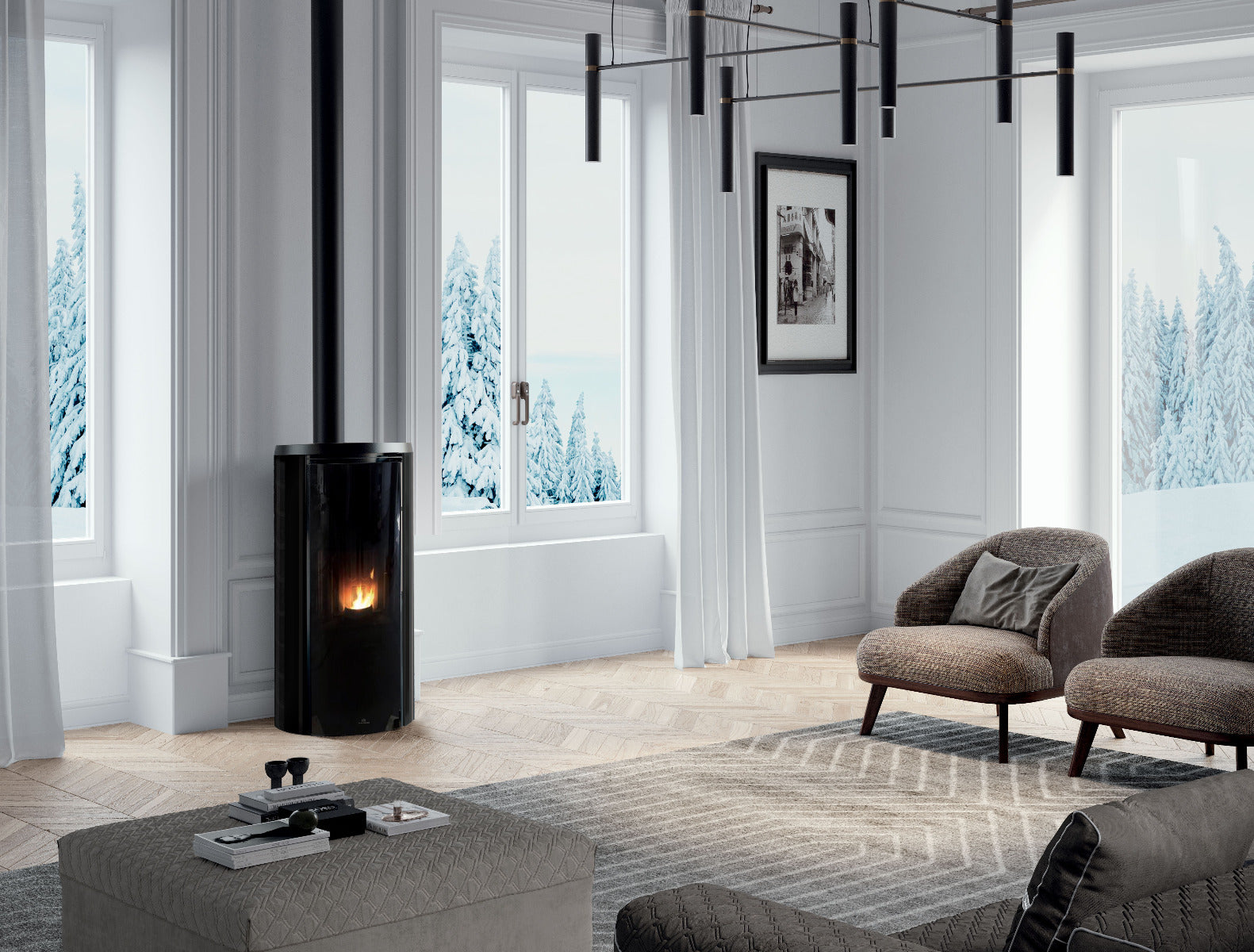 Edilkamin Pelletofen Celia ATC Glas Schwarz Magic angeschaltener Ofen