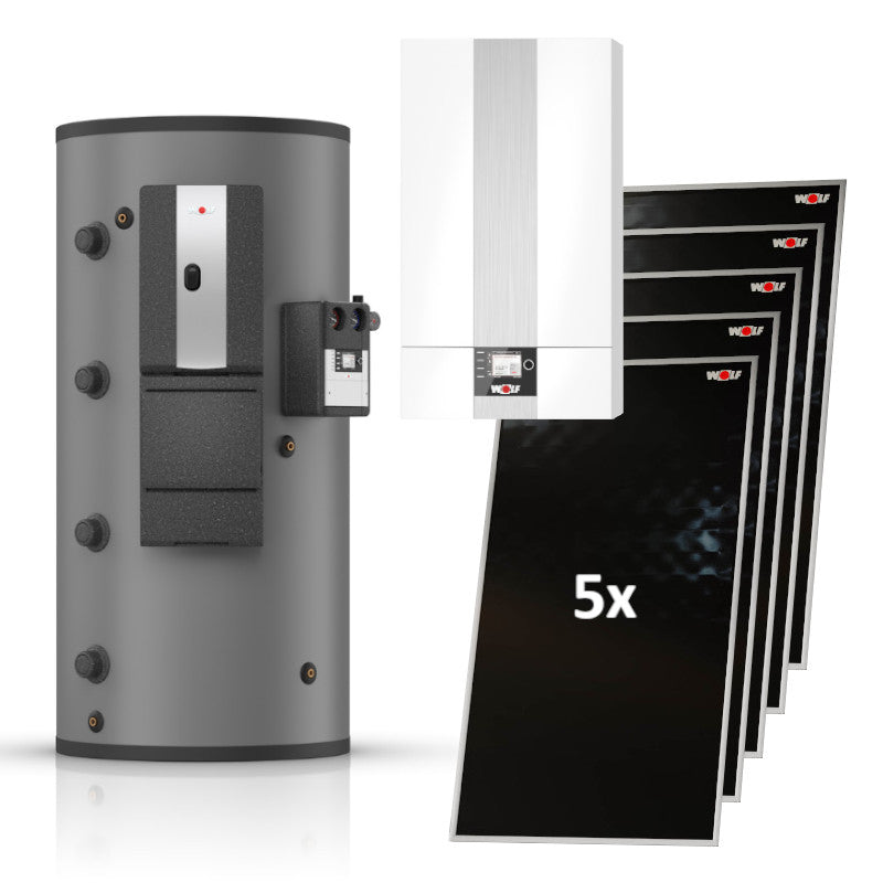 WOLF | Hybridheizung | Gasbrennwert-Heiztherme 20kW + 5 Solarkollektoren