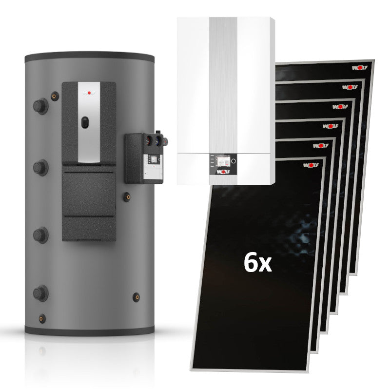 WOLF | Hybridheizung | Gasbrennwert-Heiztherme 24kW + 6 Solarkollektoren
