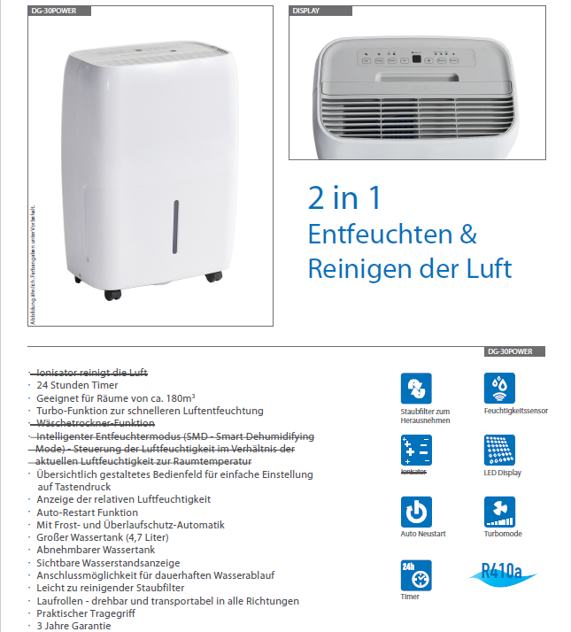 Luftentfeuchter Comfee DG-30POWER Entfeuchten + Reinigen | *Sonderposten*