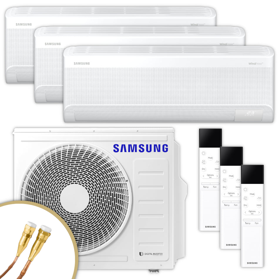 Samsung Klimaanlagen-Set mit drei weißen Wandgeraeten WindFree Avan, NASA Aussengeraet, 3 Fernbedienungen, Quick-Connect Anschlüsse | Klimaworld.com