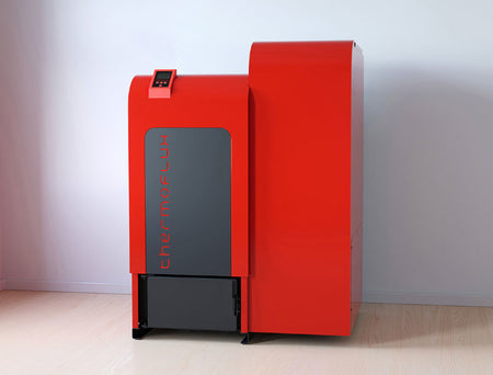 ThermoFlux Pelletkessel TF-PK-ECO-PLUS-25 mit 24 kW  und 120kg Pellettank, Behälter rot | Klimaworld.com