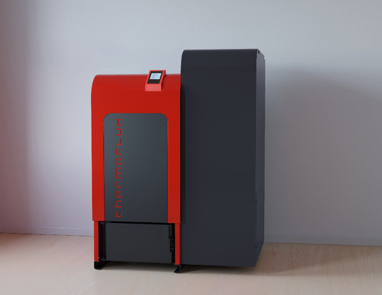 ThermoFlux Pelletkessel TF-PK-ECO-PLUS-25 mit 24 kW und 120kg Pellettank, grauer Behälter | Klimaworld.com