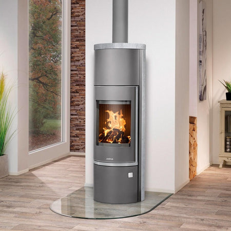 Justus | Kamin | Faro Aqua 2.0 | Stahl Gussgrau| Top Platte Speckstein | Klimaworld