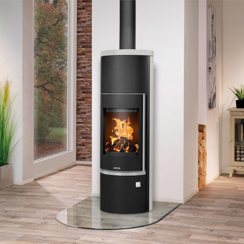 Justus | Kamin | Faro Aqua 2.0 | Stahl Schwarz | Kalkstein Bianco | Klimaworld