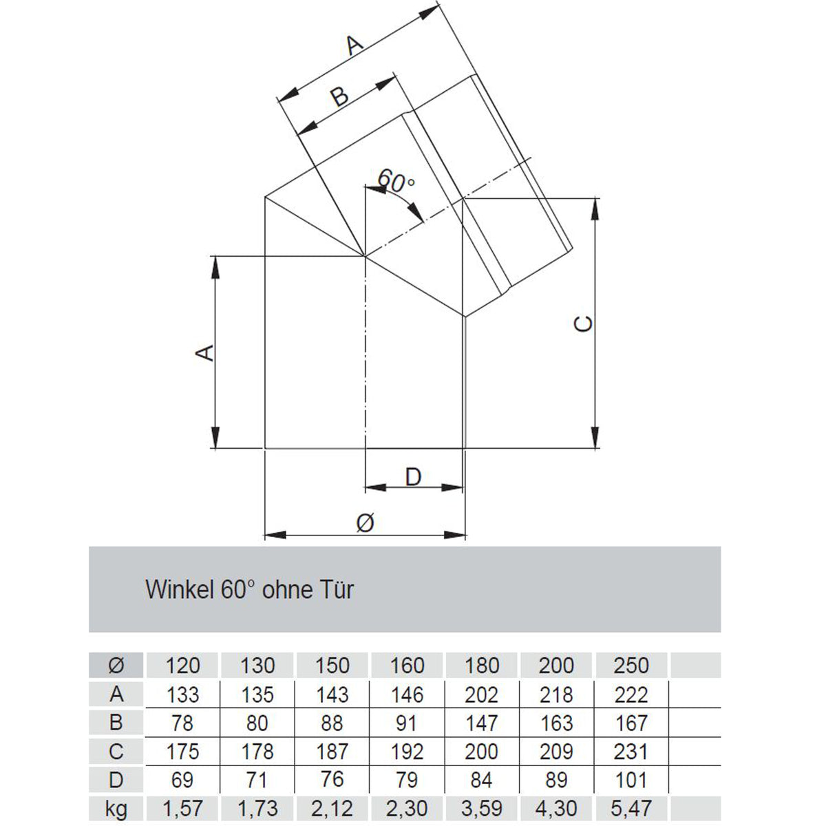 Rauchrohrbogen, Winkel 60° FERRO Durchmesser 200mm ohne Tür