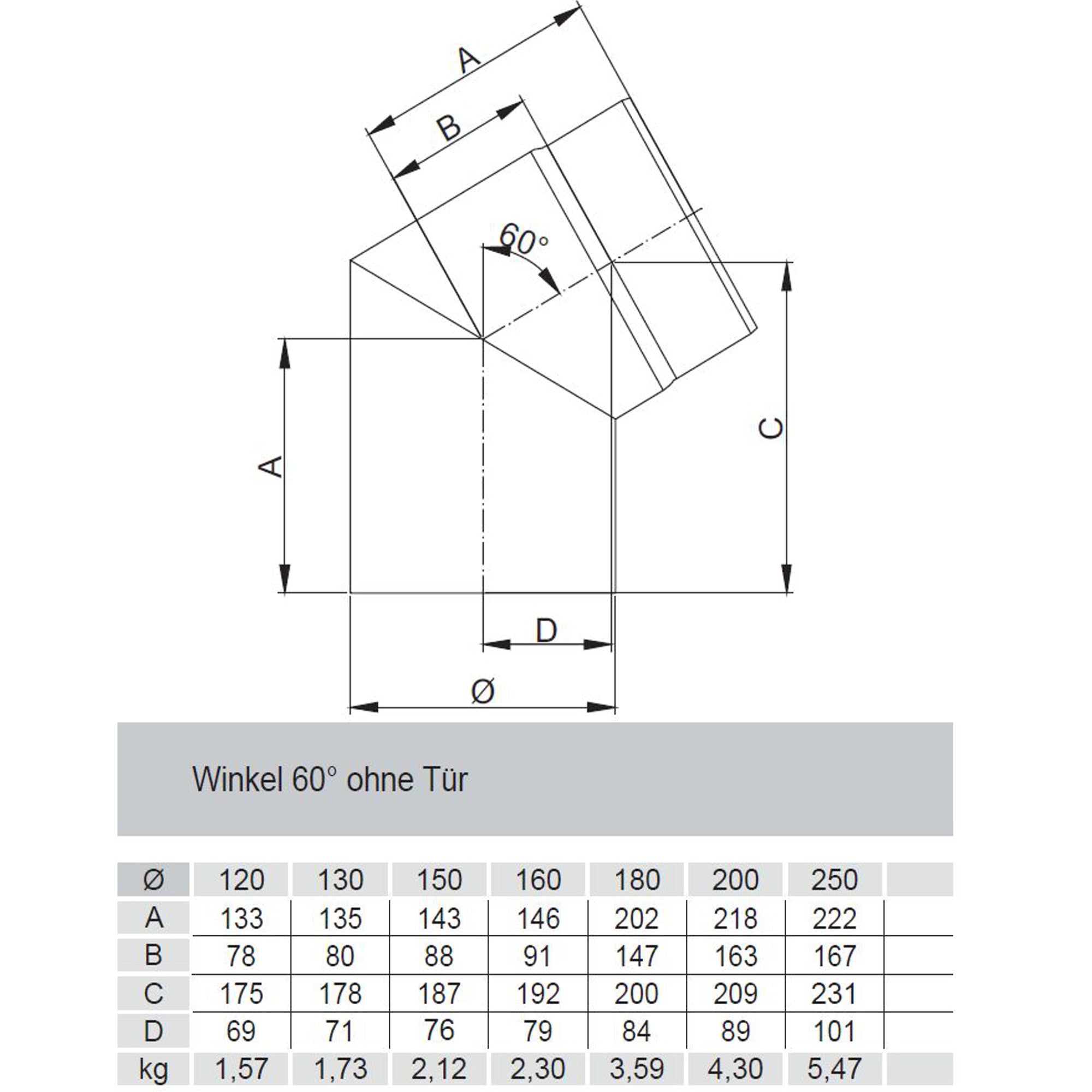 Rauchrohrbogen, Winkel 60° FERRO Durchmesser 120 mm ohne Tür