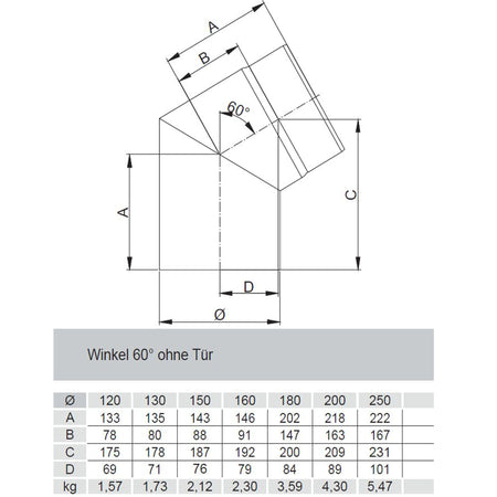 Rauchrohrbogen, Winkel 60° FERRO Durchmesser 120 mm ohne Tür