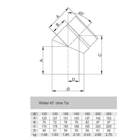 Rauchrohrbogen, Winkel 45° FERRO Durchmesser 120 mm ohne Tür