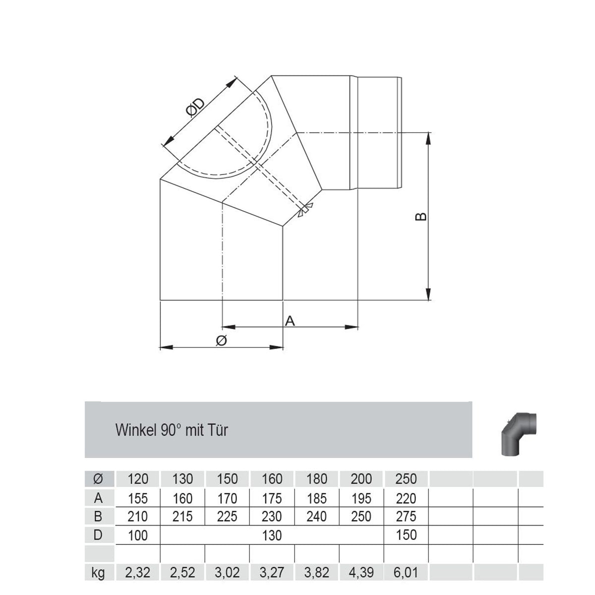 Rauchrohrbogen, Winkel 90° FERRO Durchmesser 120 mm mit Tür