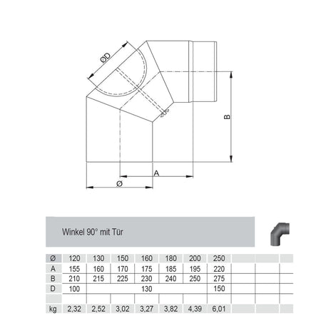 Rauchrohrbogen, Winkel 90° FERRO Durchmesser 130 mm mit Tür