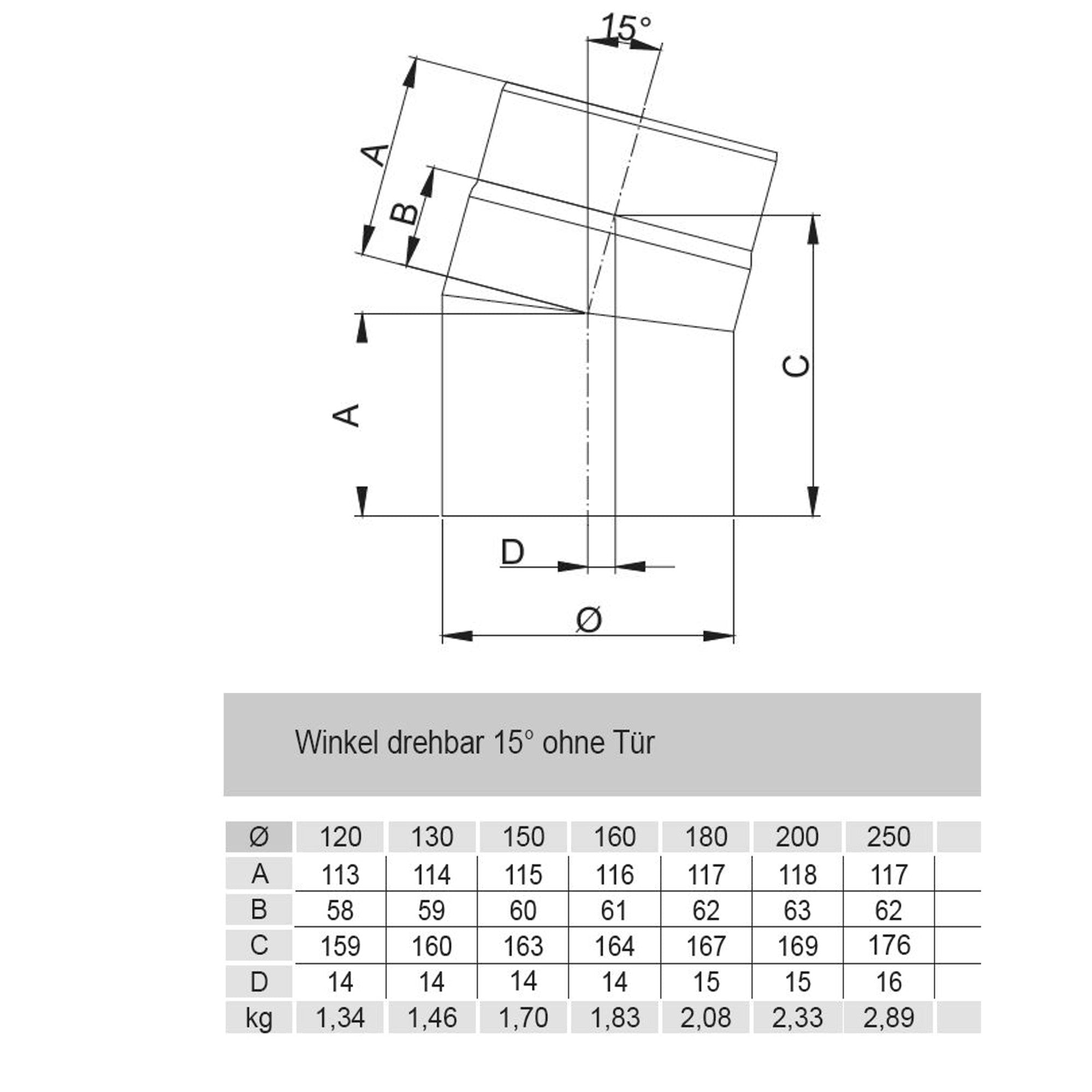 Rauchrohrbogen, Winkel 15° FERRO Durchmesser 130 mm mit Tür