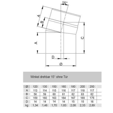 Rauchrohrbogen, Winkel 15° FERRO Durchmesser 130 mm mit Tür