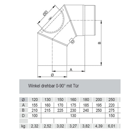 Rauchrohrbogen, Winkel 15° FERRO Durchmesser 120 mm ohne Tür