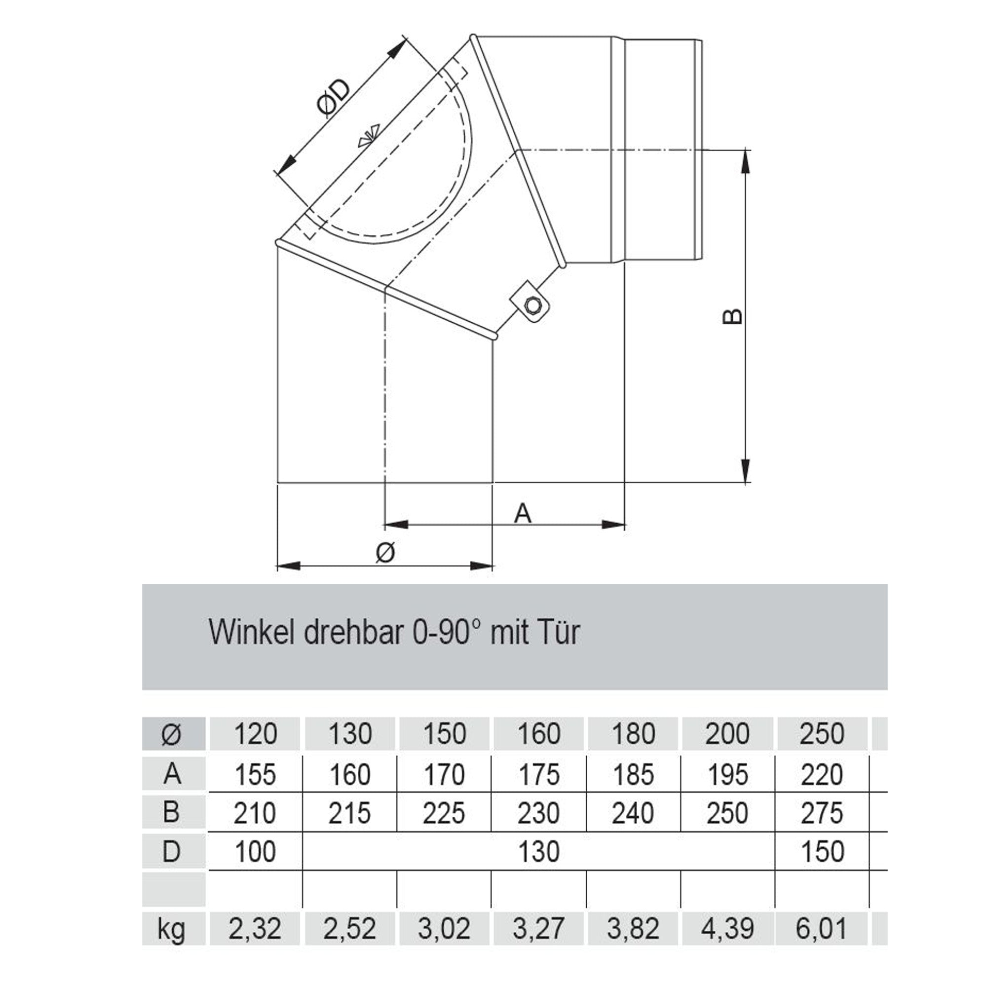 Rauchrohrbogen, Winkel drehbar 0-90° FERRO Durchmesser 120 mm mit Tür