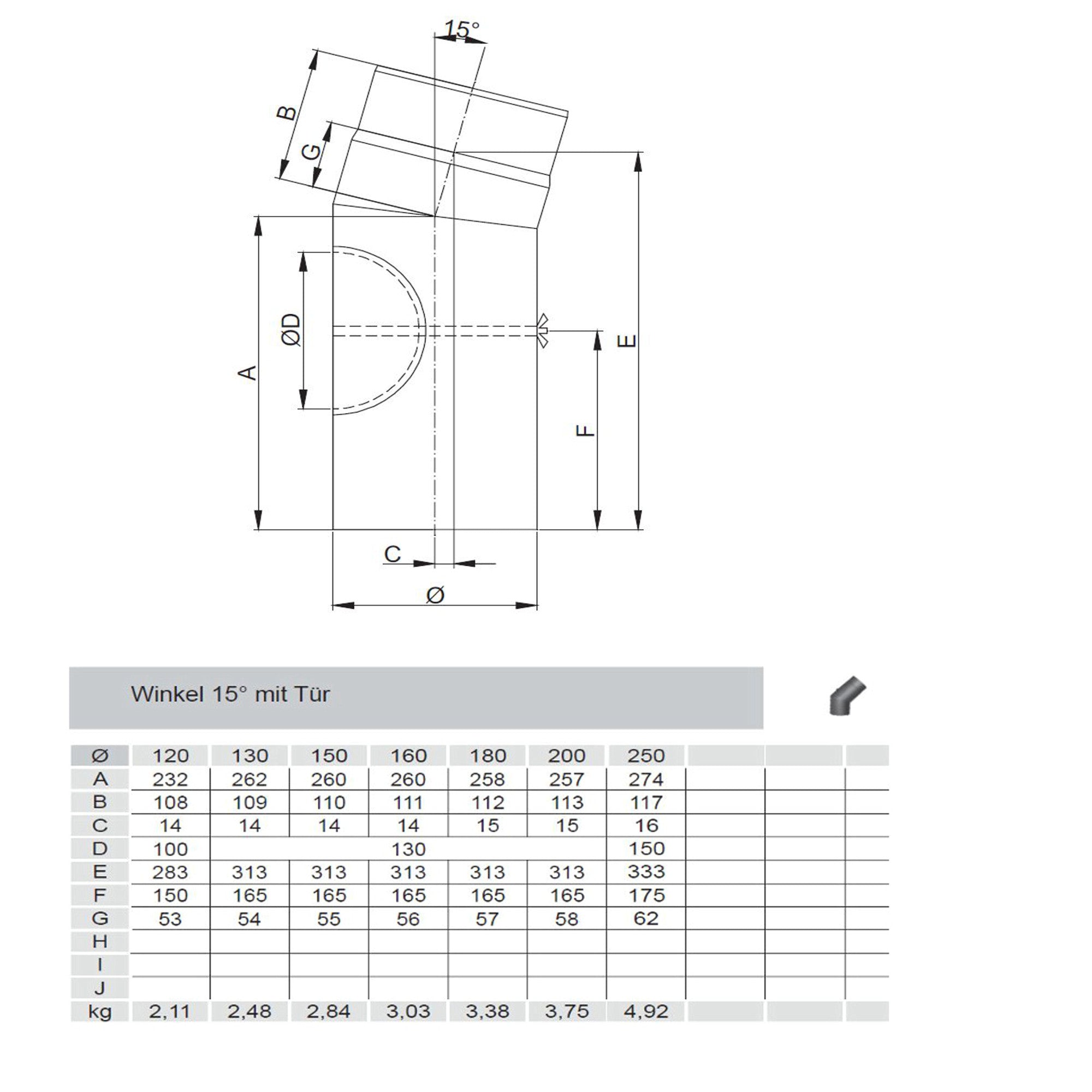 Rauchrohrbogen, Winkel 15° FERRO Durchmesser 130 mm mit Tür