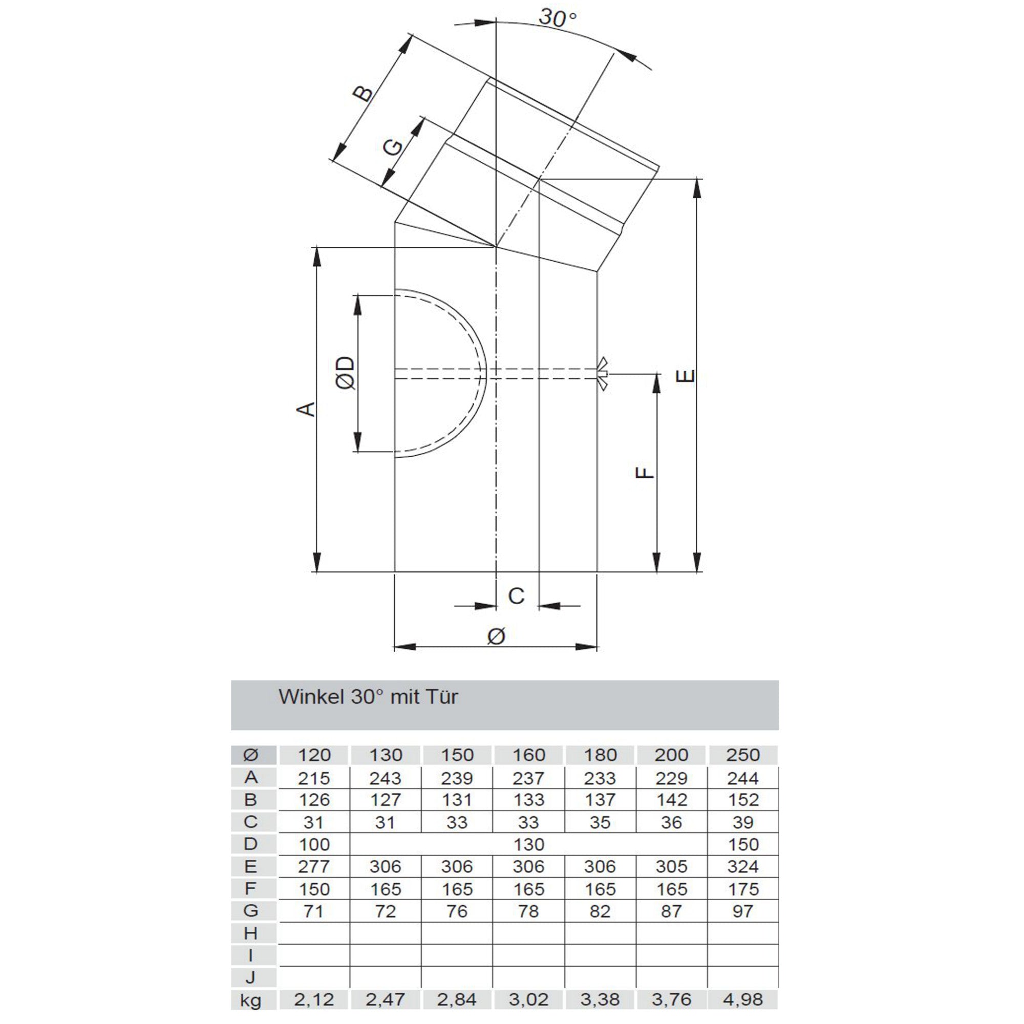 Rauchrohrbogen, Winkel 30° FERRO Durchmesser 160 mm mit Tür