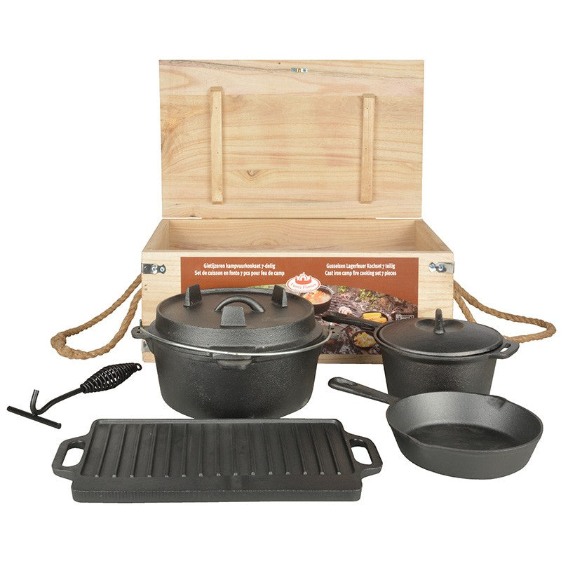 Outdoor Koch-Set Gusseisen Dutch Oven Grillplatte Pfanne Topf 7-teilig FF240 | Klimaworld.com