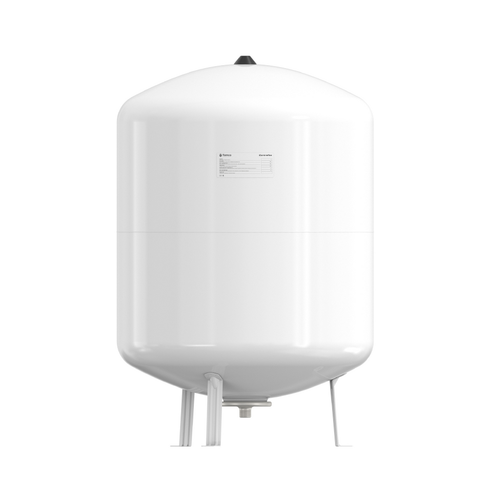 Weisser runder Flamco Ausdehnungsbehaelter Contraflex MAG 100/2,5 auf drei Standbeinen mit kleinem Anschluss unten | Klimaworld.com